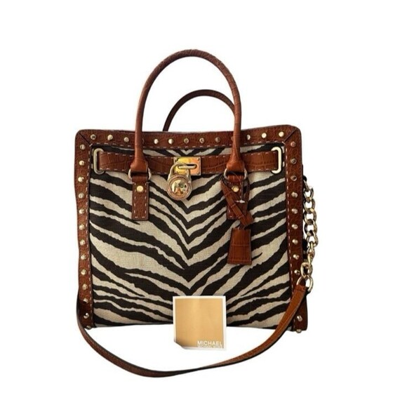 Michael Kors Authentic Hamilton Pick Stitch Tiger Studded Large Canvas Tote - Picture 1 of 12